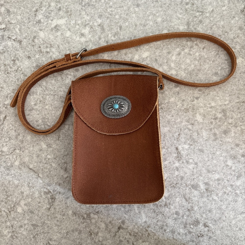 Leather Cellphone Crossbody Brown Silver / Turquoise Embellishment
